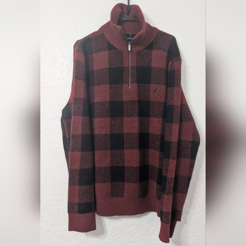 Nautica Men's Zip Up Sweater - Burgundy and Black Size XL